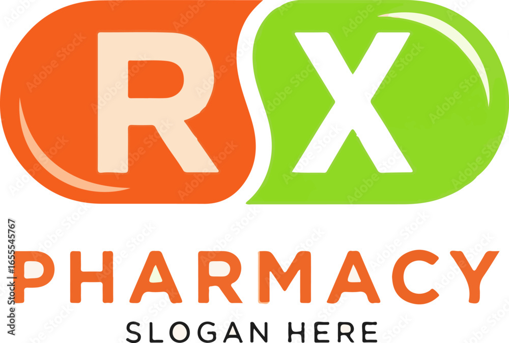 Fototapeta premium Modern pharmacy logo design with 'RX' text in orange and green bubbles, and 'PHARMACY' branding