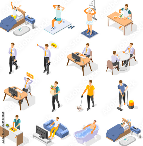 Isometric Illustration: A Day in the Life of a Modern Man – Daily Routine, Activities, and Lifestyle.