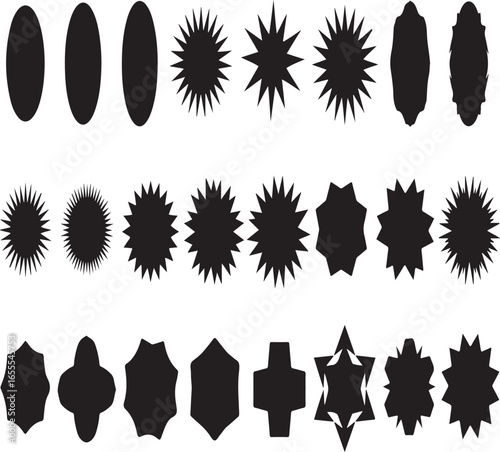 Collection of diverse silhouette shapes featuring ovals starbursts and unique geometric forms against a white background