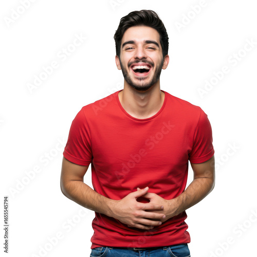 Laughing man in red shirt holding stomach isolated on transparent background