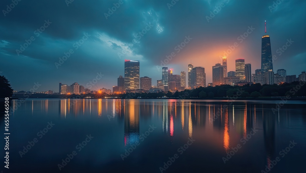 Fototapeta premium City skyline reflected in tranquil water at twilight.