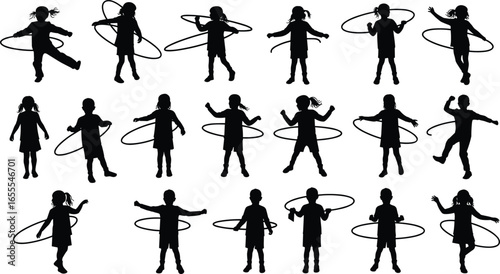 Silhouette kids playing with hula hoops, children exercising, active outdoor fun, fitness activity for kids, childhood sports, isolated clipart