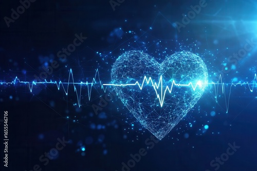 A glowing digital heart formed by lines and dots, with an ECG waveform, set against a dark blue background, conveying a futuristic medical - tech theme.