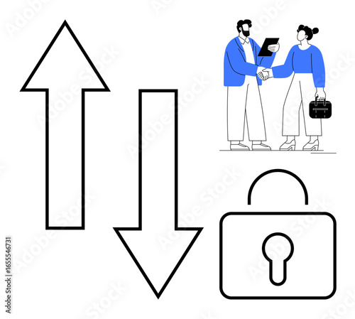 Arrows pointing up and down, a handshake between two businesspeople, and a lock symbol. Ideal for communication, negotiation, agreement, data transfer, security privacy and trust themes. Simple
