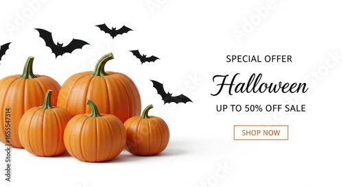 Halloween Sale with Pumpkins and Bats on White Background, Special Offer Up to 50% Off, Perfect for Holiday Promotions