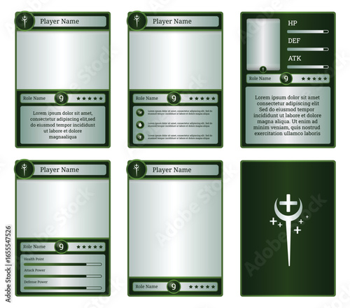 Customizable game card templates featuring green and white design. Perfect for fantasy RPGs and collectible trading card games, with adaptable UI elements for player stats