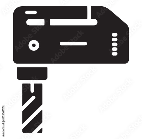 Black and white illustration of a woodworking drill machine icon on a white background