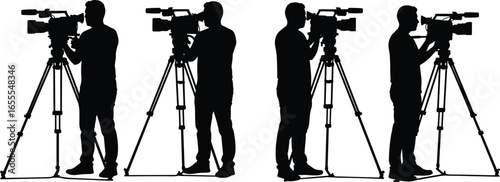 Silhouette of Cameramen Operating Video Cameras on Tripod, Professional Film Crew Working on Set, Media Production Concept Isolated on White