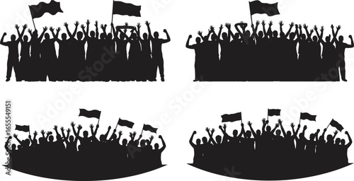 Silhouette of cheering crowd with flags, people celebrating, protest or victory event, unity, demonstration, or public rally illustration