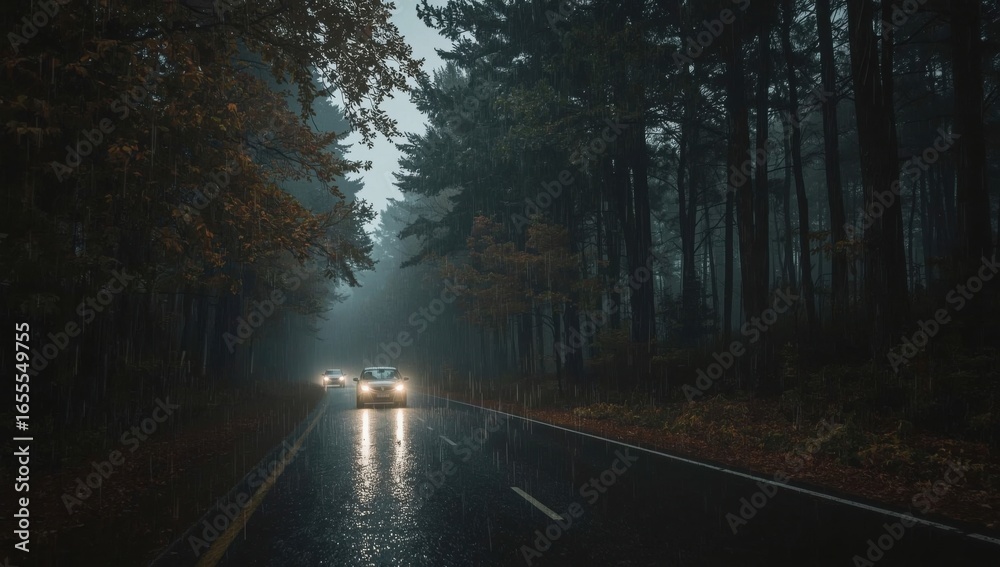Fototapeta premium Driving Through a Misty Forest Road on a Rainy Evening
