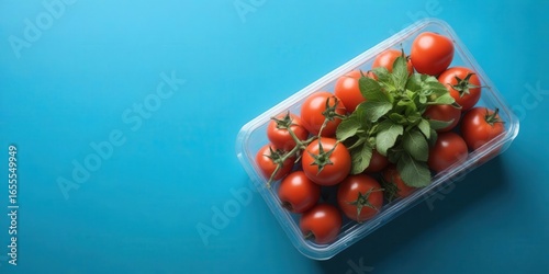 Fresh tomatoes with parsley in a transparent plastic package on a blue background