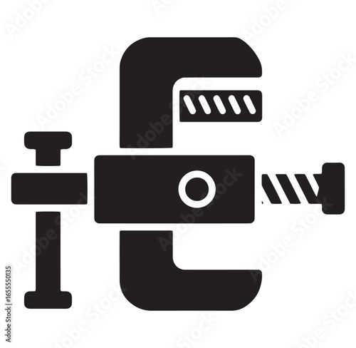 Black and white simple illustration of a c clamp tool for woodworking and construction