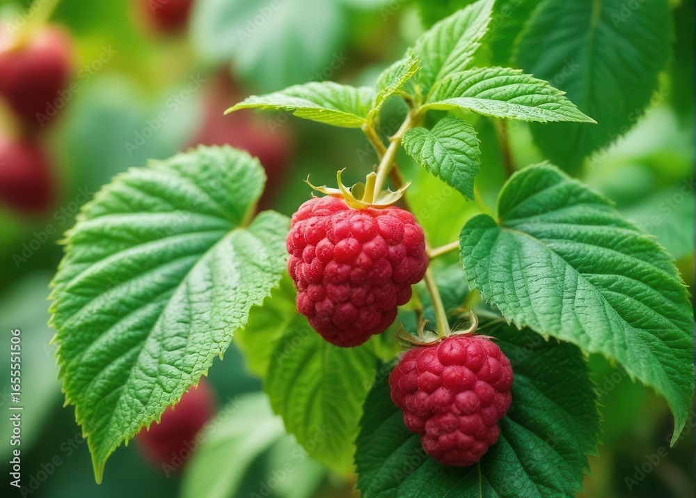 Red raspberry plant with vibrant green leaves on a sturdy stem Red raspberry plant with vibrant green leaves on a sturdy stem