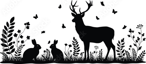 Silhouette of deer and rabbits in forest, peaceful wildlife scene, nature landscape, butterflies, black and white vector illustration