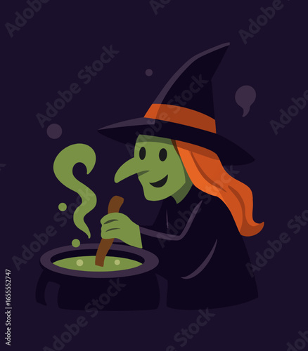Witch Stirring Magical Cauldron on Halloween Night