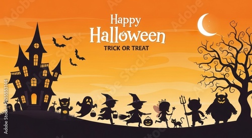 Halloween Night with Silhouetted Children Trick-or-Treating, Haunted House, Bats