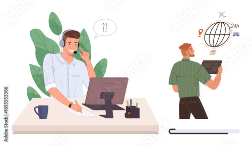 Office worker handling customer query at desk with headset and notes, while colleague explores global online connectivity and logistics using a tablet. Ideal for teamwork, support, communication