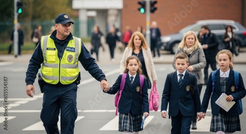Safety with Police Officer Escorting Students Across Crosswalk in Uniform, Ensuring Security and Protection for Children Walking to School, Promoting Community Trust