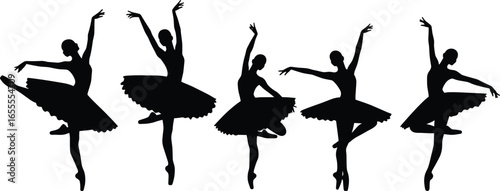 Silhouette of graceful ballet dancers performing elegant poses, classical ballerinas in motion, tutu costumes, artistic dance, isolated on white