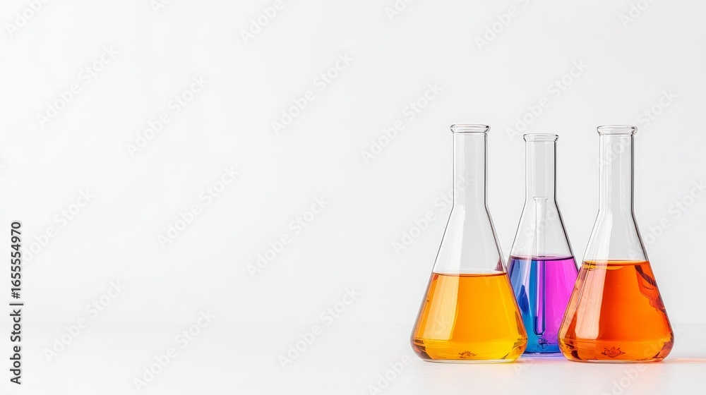 Lab Flasks with Colorful Liquids: Three lab flasks, filled with vibrant, colorful liquids, stand in a row, inviting scientific exploration and curiosity. Each flask showcases a unique hue. Lab Flasks with Colorful Liquids: Three lab flasks, filled with vibrant, colorful liquids, stand in a row, inviting scientific exploration and curiosity. Each flask showcases a unique hue.