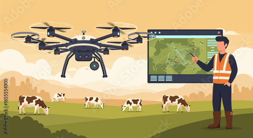 Agricultural technology: drone surveillance monitoring livestock on a farm