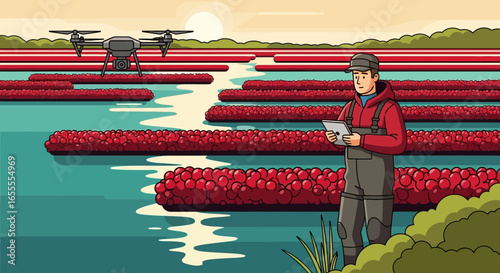 Innovative agriculture: Farmer utilizing drone technology for enhanced cranberry cultivation