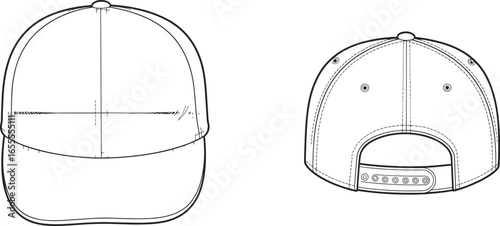 Baseball cap front and back view, curved brim, adjustable strap, vector template, fashion accessory, flat sketch, apparel design