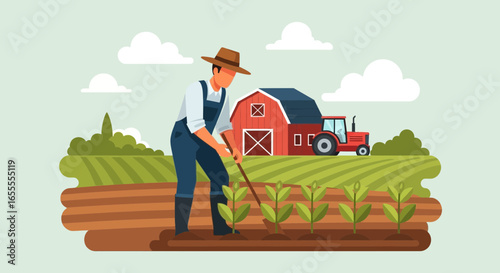 Illustrative rural scene featuring a farmer cultivating crops in a field