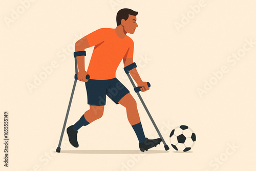 Flat style para-athlete using crutches playing soccer vector illustration