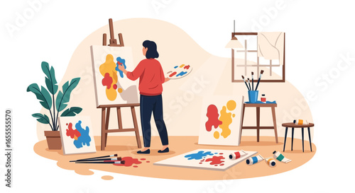 Creative expression at home, female artist painting on canvas in bright and cozy studio