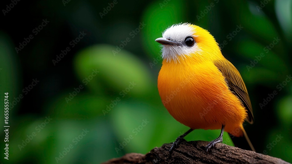 Obraz premium Bright yellow bird with white head perched on a branch amidst blurred green foliage background
