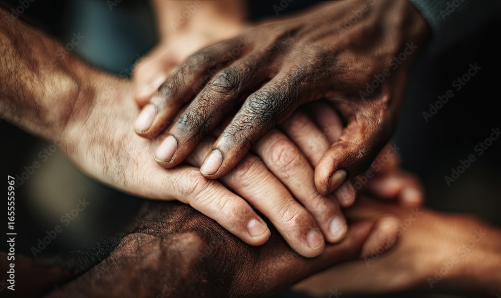 Fototapeta premium Close-up of diverse hands clasped together, showing solidarity and unity. Hands are layered, showing varied skin tones and textures, with visible dirt and wear. 