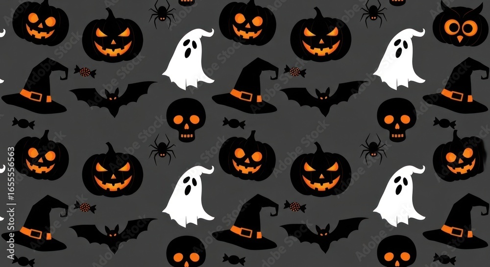 Fototapeta premium Halloween Seamless Pattern with Pumpkins, Ghosts, Bats