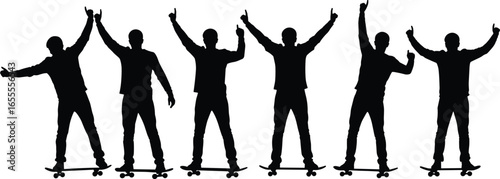 Silhouette of man skateboarding with raised hands, repeating motion sequence, isolated on white background, youth culture, urban street style