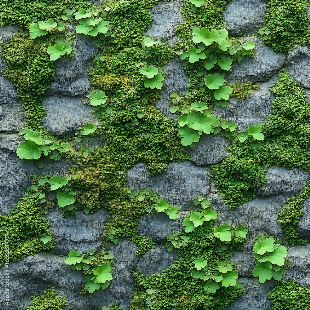 Close-up view of a stone wall covered with moss and small plants. Close-up view of a stone wall covered with moss and small plants.