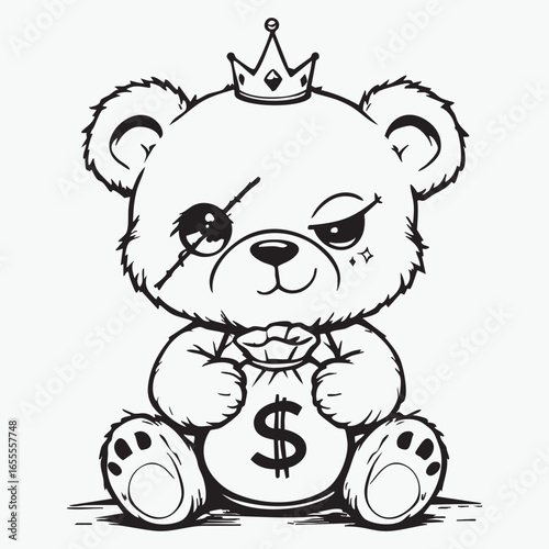 Gangsta teddy bear with crown, scar, and money bag — bold black line vector for urban style, attitude, and playful rebellion