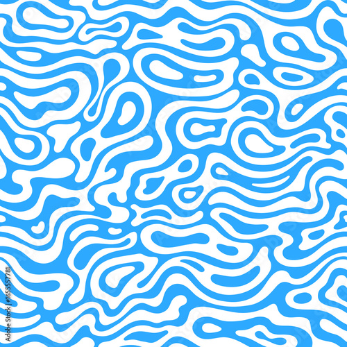 Psychedelic water groovie pattern with waves. Groovy blue and white ornament. Vector abstract wavy swirls texture background or wallpaper, textile or wrapping paper print with liquid flow surf waves