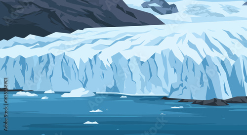 A glaciers jagged bluewhite facade meets the sea with dark mountains looming above