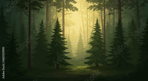 A forest scene features tall evergreen trees dense undergrowth and a patch of sunlight breaking through the canopy