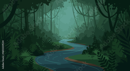 A lush jungle scene with a winding river flowing through dense green foliage under a canopy of trees and hanging vines