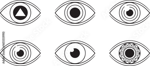 Six Black And White Geometric Eye Icons With Abstract Shapes On White Background symbol