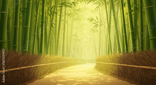 A path winds through a bamboo forest with sunlight streaming through the canopy