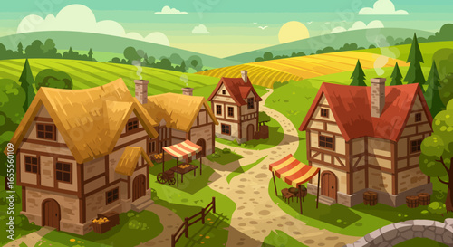 A picturesque village scene with thatchedroof houses and rolling green hills under a sunny sky
