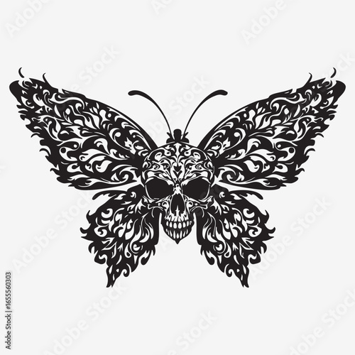 Ornate butterfly with human skull body — symbolic black line vector of transformation, mortality, and gothic elegance