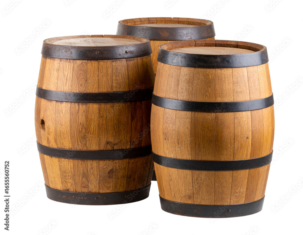 Obraz premium Stack of Two Oak Barrels with Shadowed Base, Rustic Composition, Isolated on Transparent Background