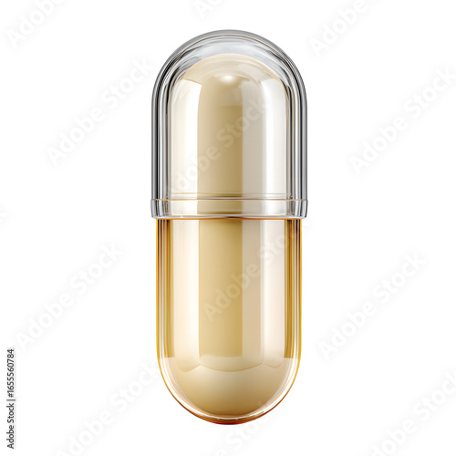 Translucent capsule with a beige filling showcasing a glossy reflective surface.