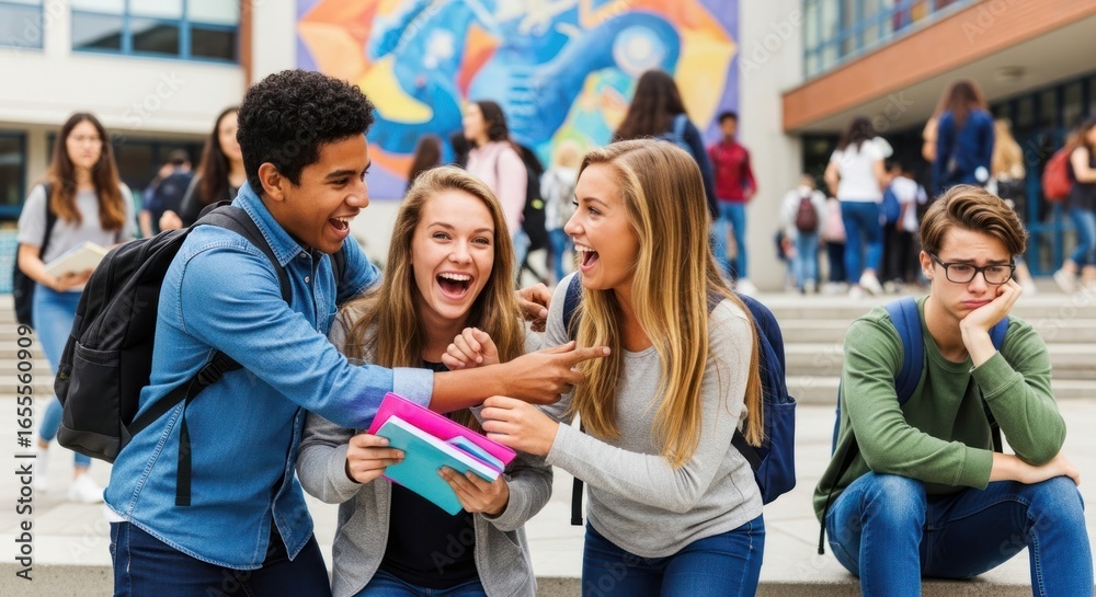 Obraz premium Students Laughing Together with a Sad Student Sitting Separately on School Steps, Illustrating Contrasting Emotions and Social Dynamics in Education