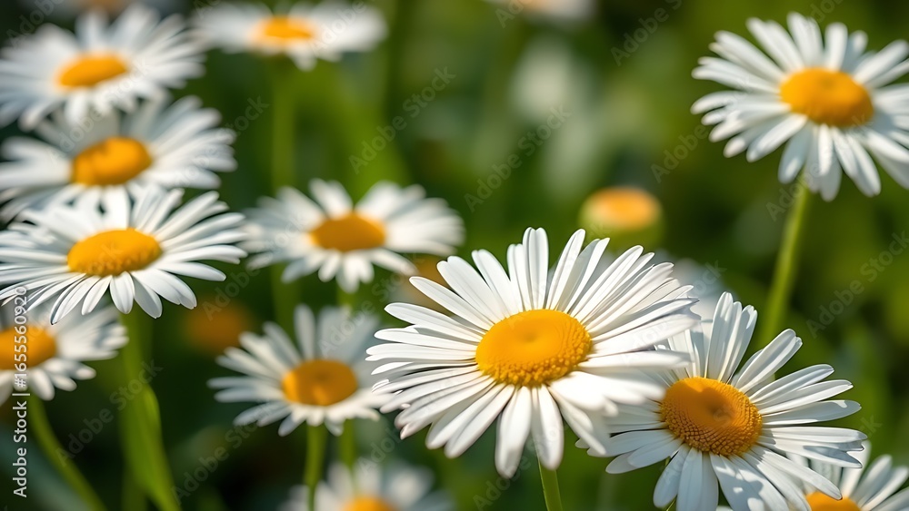 Obraz premium Fresh daisies bathed in sunlight with a soft green background, showcasing delicate petals in close-up.
