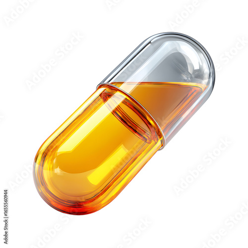Translucent capsule filled with golden liquid showcasing pharmaceutical design and scientific precision.