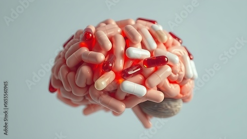 A fragmented human brain intertwined with painkiller capsules, reflecting distorted memories in glossy surfaces.